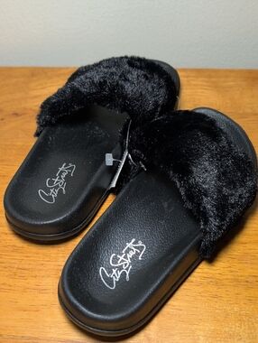 City Streets Black Fuzzy Slides Sandals Slip-On Shoes Faux Fur New Girls Size 13